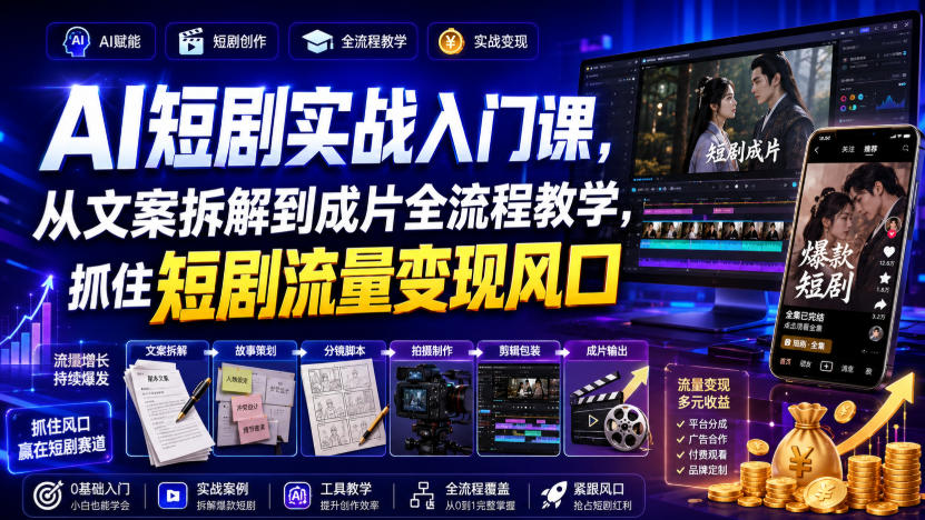 AI短剧实战入门课，从文案拆解到成片全流程教学，抓住短剧流量变现风口-网赚项目平台