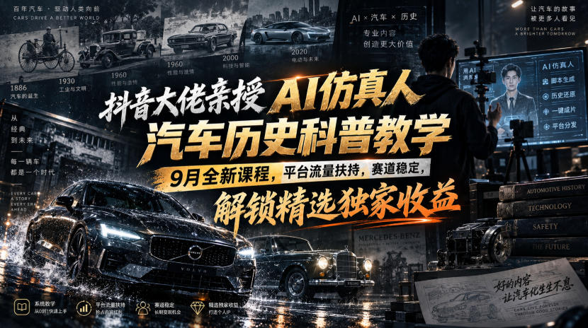抖音大佬亲授AI仿真人汽车历史科普教学,9月全新课程,平台流量扶持,赛道稳定,解锁精选独家收益-网赚项目平台