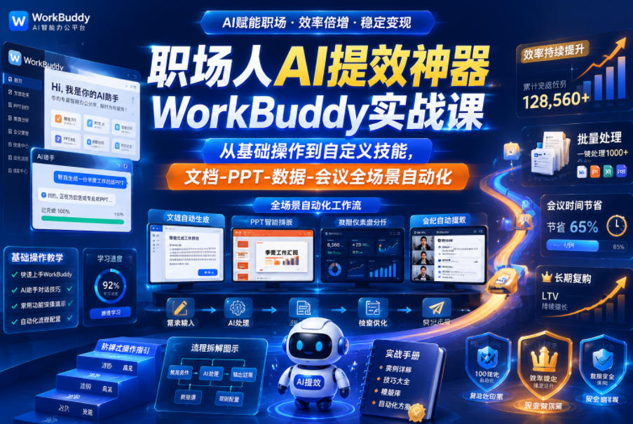 职场人AI提效神器WorkBuddy实战课,从基础操作到自定义技能,文档-PPT-数据-会议全场景自动化-网赚项目平台
