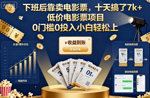 下班后靠卖电影票，十天搞了7k+，低价电影票项目，0门槛0投入小白轻松上手【揭秘】-网赚项目平台