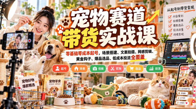 宠物赛道带货实战课，零基础零成本起号，场景搭建、文案拍摄、网感剪辑、黄金钩子、爆品选品、低成本投流全覆盖-网赚项目平台