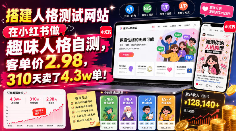 搭建人格测试网站在小红书做趣味人格自测，客单价2.98，310天卖了4.3w单！-网赚项目平台