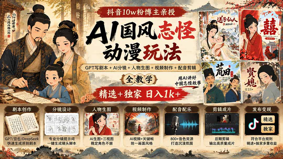 抖音10w粉博主亲授AI国风志怪动漫玩法|GPT写剧本+AI分镜+人物生图+视频制作+配音剪辑全教学|精选+独家日入1k+-网赚项目平台