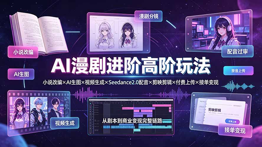 AI漫剧进阶高阶玩法：小说改编×AI生图×视频生成×Seedance2.0配音×剪映剪辑×付费上传×接单变现-网赚项目平台