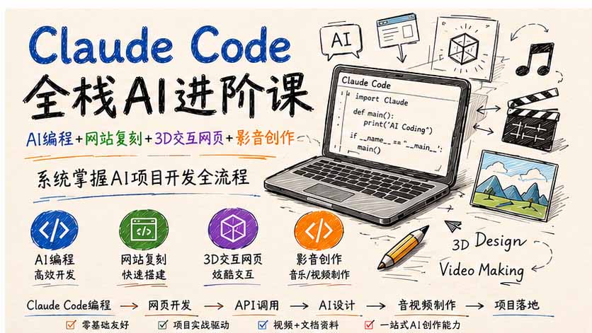 Claude Code全栈AI进阶课；AI编程+网站复刻+3D交互网页+影音创作，系统掌握AI项目开发全流程-网赚项目平台