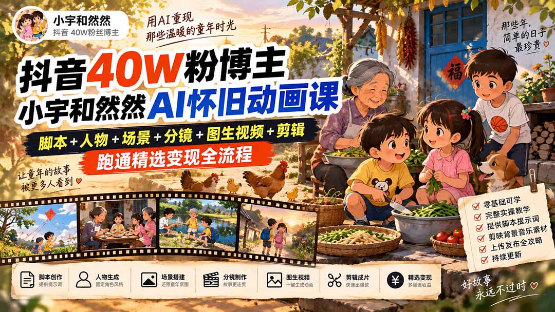 抖音40W粉博主小宇和然然AI怀旧动画课｜脚本+人物+场景+分镜+图生视频+剪辑，跑通精选变现全流程-网赚项目平台