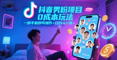 抖音男粉项目0成本玩法，一部手机即可操作，日均4张+，时间自由-网赚项目平台