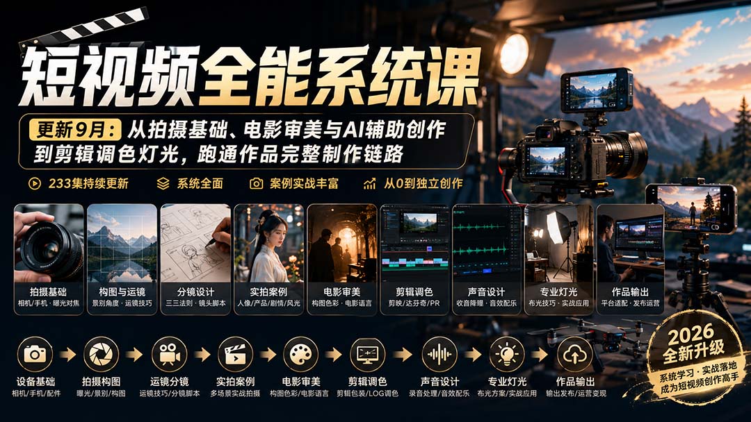 短视频全能系统课-9月完整版:从拍摄基础、电影审美与AI辅助创作到剪辑调色灯光,跑通作品完整制作链路-网赚项目平台