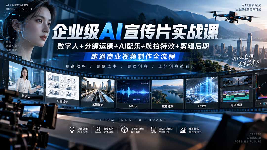 企业级AI宣传片实战课｜数字人+分镜运镜+AI配乐+航拍特效+剪辑后期，跑通商业视频制作全流程-网赚项目平台