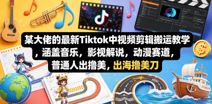 某大佬的最新Tiktok中视频剪辑搬运教学，涵盖音乐，影视解说，动漫赛道，普通人出海撸美刀-网赚项目平台