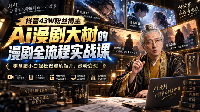 抖音43W粉丝博主Ai漫剧大树的漫剧制作全流程实战课，零基础小白轻松做漫剧短片，涨粉变现-网赚项目平台