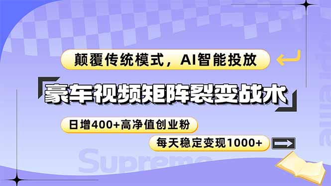 豪车视频矩阵裂变战术，颠覆传统模式，AI智能投放，日增400+高净值创业…-网赚项目平台