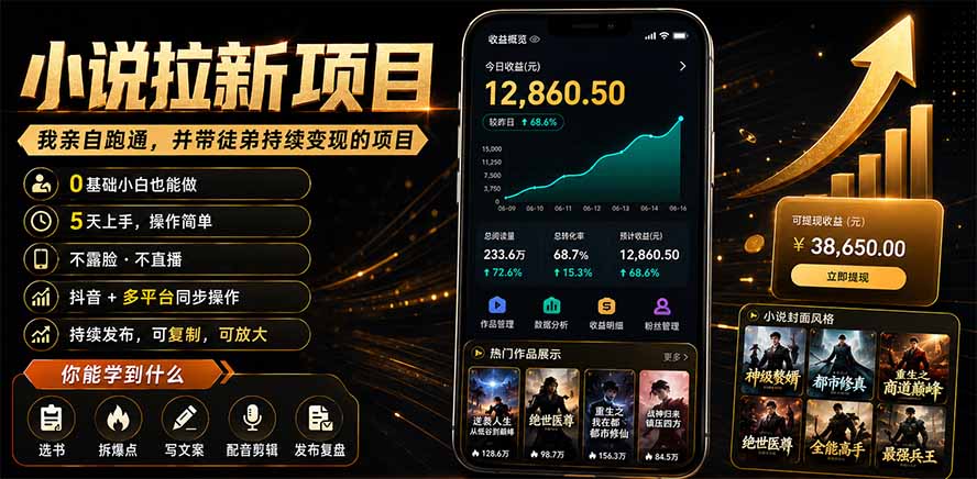 抖音及多平台小说拉新项目：我亲自跑通并持续带徒弟实操｜0基础小白5天上手快速变现-网赚项目平台