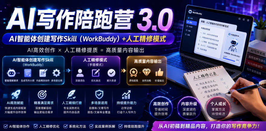 AI写作陪跑营3.0，Ai智能体创建写作skill(workbuddy)+人工手写模式(手搓模式)，去除AI痕迹(头条号、公众号、百家号)(更新0907)-网赚项目平台
