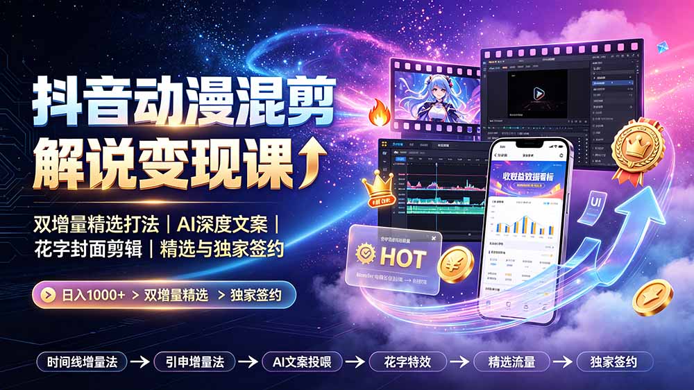抖音动漫混剪解说变现课：双增量精选打法｜AI深度文案｜花字封面剪辑｜ 精选与独家签约日入1000+-网赚项目平台