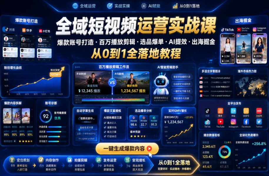 全域短视频运营实战课,爆款账号打造・百万播放剪辑・选品爆单・AI提效・出海掘金,从0到1全落地教程-网赚项目平台