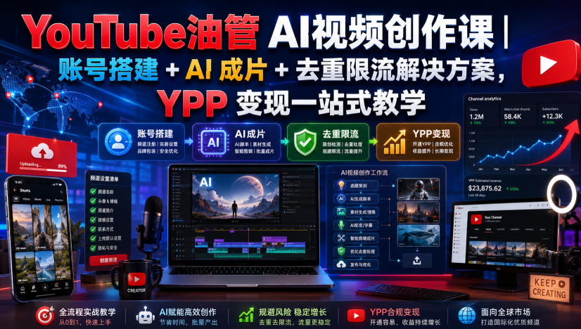 YouTube油管AI视频创作课｜账号搭建+AI成片+去重限流解决方案，YPP变现一站式教学-网赚项目平台
