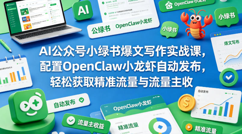 AI公众号小绿书爆文写作实战课，配置OpenClaw小龙虾自动发布，轻松获取精准流量与流量主收益-网赚项目平台