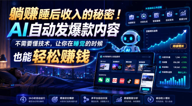 躺賺睡后收入的秘密！AI自动发爆款内容，不需要懂技术，让你在睡觉的时候也能轻松賺钱【原创双语字幕】-网赚项目平台