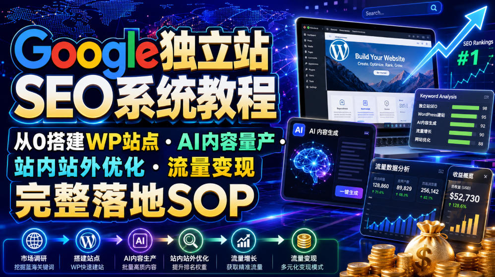 Google独立站SEO系统教程，从0搭建WP站点・AI内容量产・站内站外优化・流量变现完整落地SOP(2026年7月)-网赚项目平台