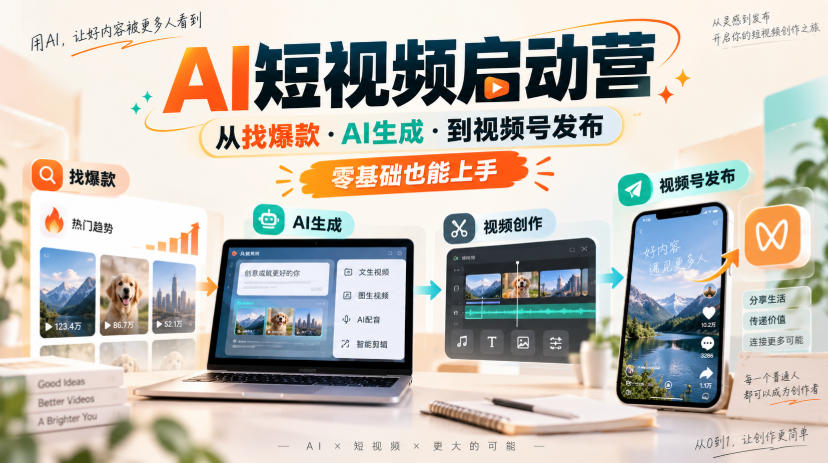 AI短视频启动营，从找爆款·AI生成·到视频号发布，零基础也能上手-网赚项目平台