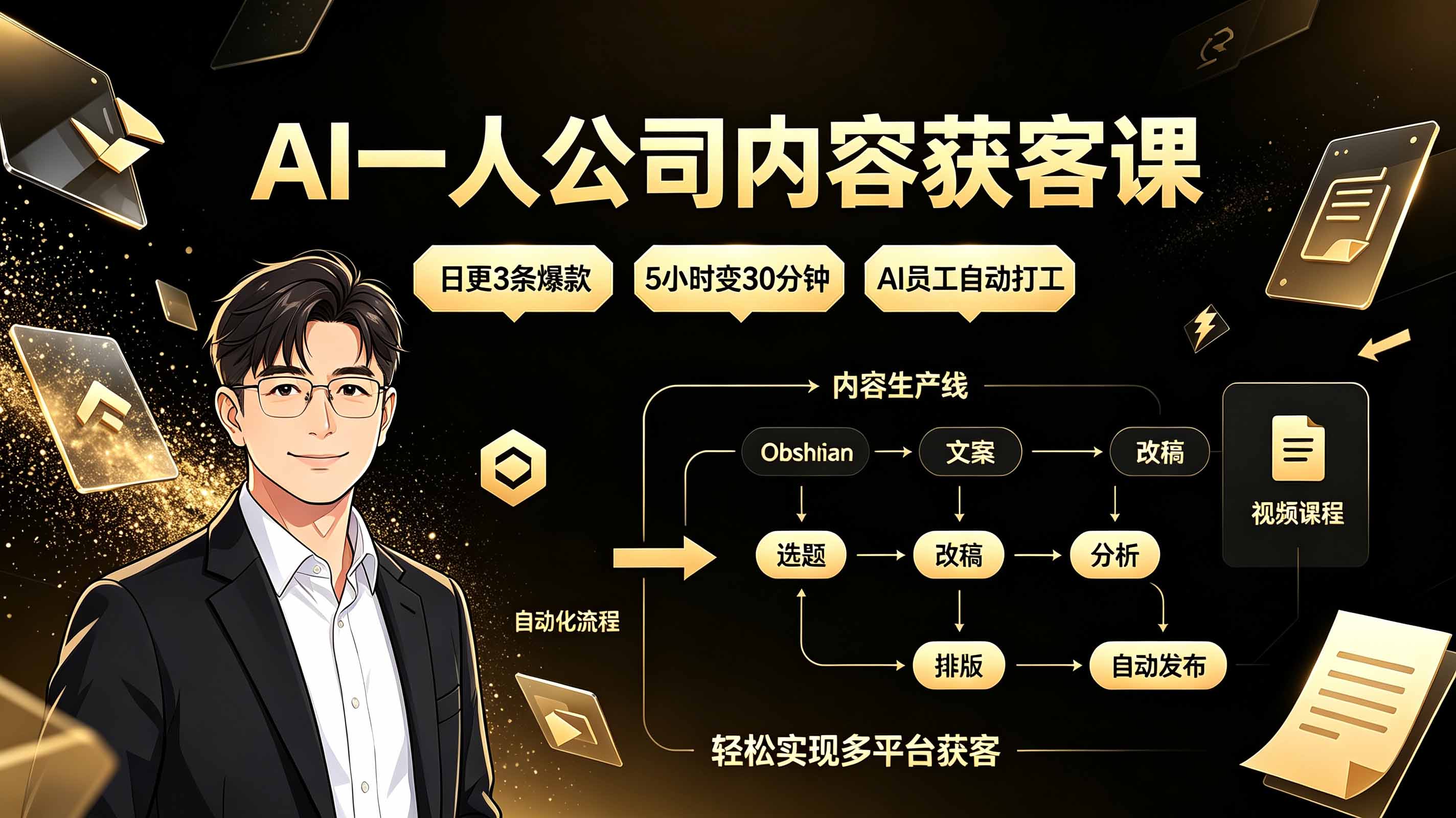 AI一人公司内容获客课：日更3条爆款×5小时变30分钟×AI员工自动打工，轻松实现多平台获客-网赚项目平台