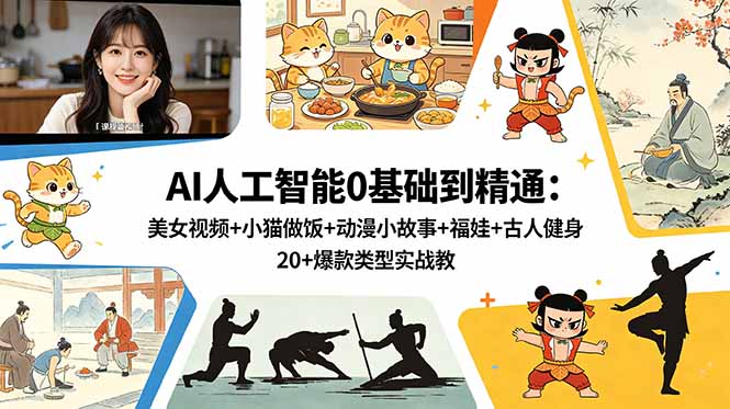 AI人工智能0基础到精通：美女视频+小猫做饭+动漫小故事+福娃+古人健身，20+爆款类型实战教学-网赚项目平台