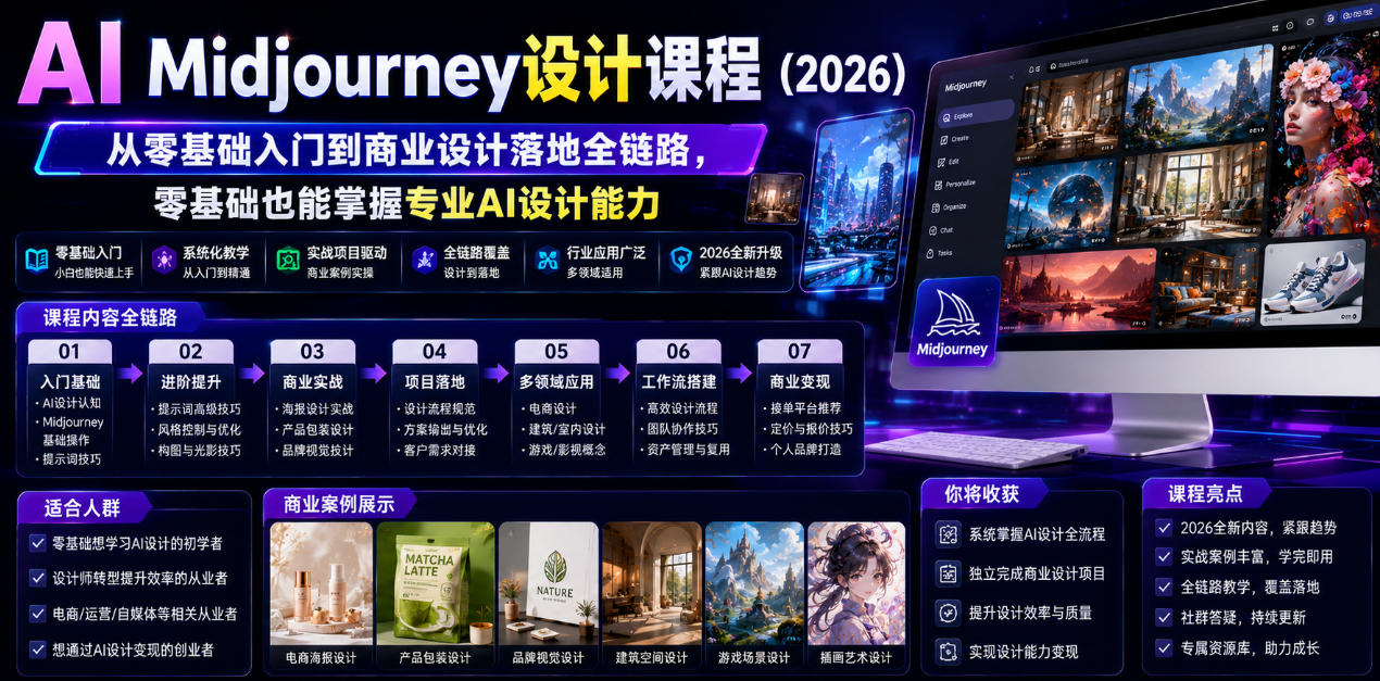 AI Midjourney设计课程(2026),从零基础入门到商业设计落地全链路,零基础也能掌握专业AI设计能力(更新0913)-网赚项目平台