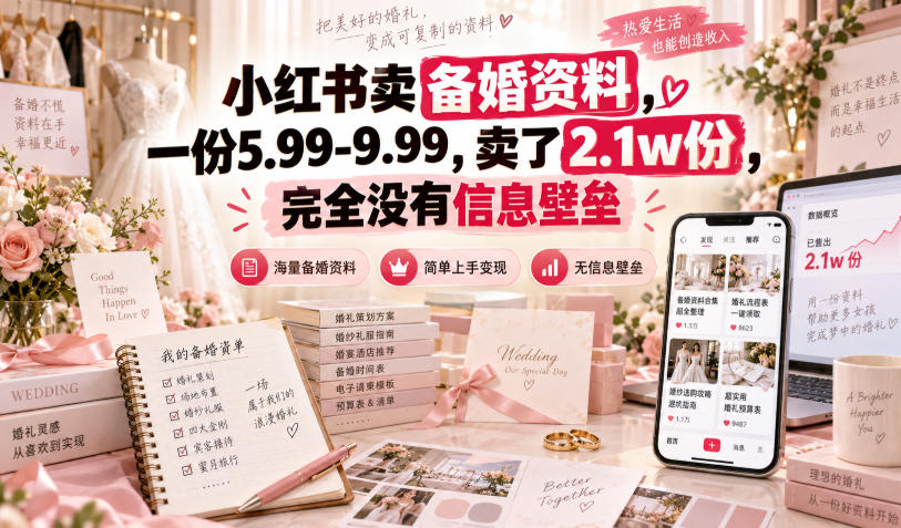 小红书卖备婚资料，一份5.99-9.99，卖了2.1w份，完全没有信息壁垒-网赚项目平台