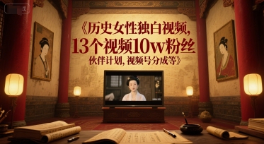 历史女性独白视频，13个视频10w粉丝，伙伴计划，视频号分成等-网赚项目平台