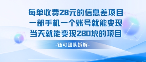 每单收费28米的项目单日能变现280左右 一部手机一个账号就能变现-网赚项目平台