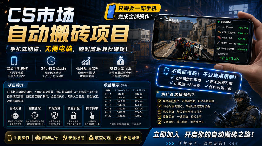 手机即可操作的CS市场自动搬砖系统｜自动监控｜自动下单|日入300+【揭秘】-网赚项目平台