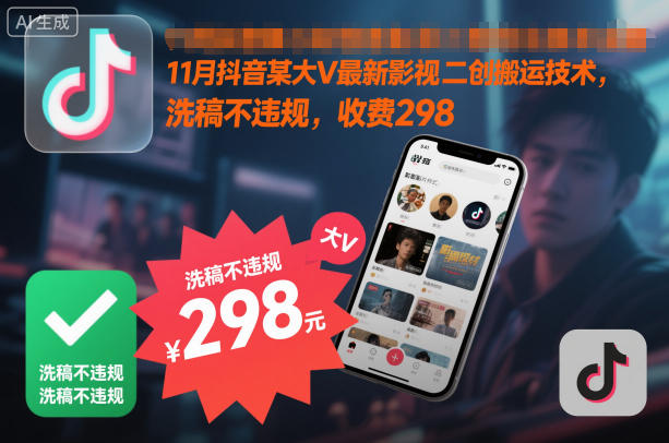 11月抖音某大V最新影视二创搬运技术，洗稿不违规，收费298-网赚项目平台