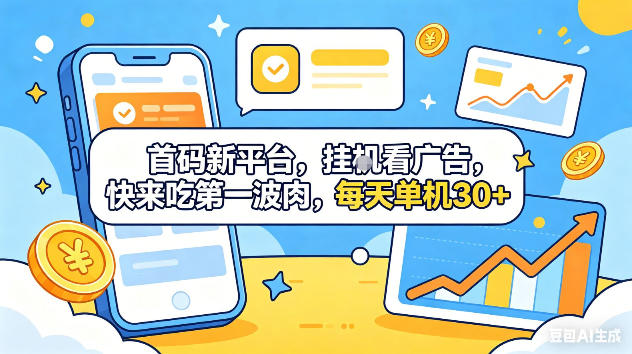 首码新平台，挂G自动看广告，快来吃第一波肉，每天单机30+，可矩阵放大【揭秘】-网赚项目平台