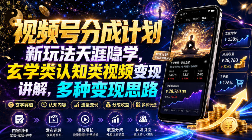 视频号分成计划新玩法天涯隐学，玄学类认知类视频变现讲解，多种变现思路-网赚项目平台