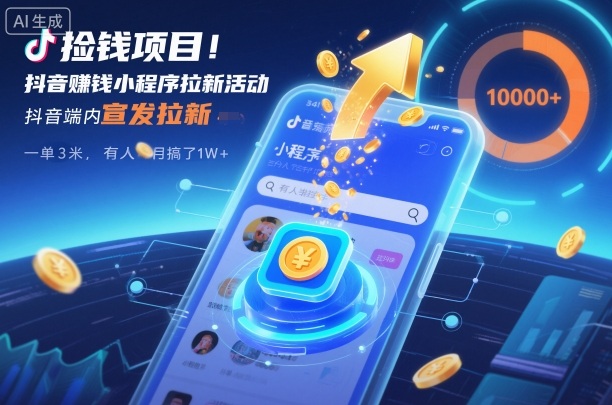 捡钱项目!抖音賺钱小程序拉新活动,抖音端内宣发拉新,一单3米,有人半个月搞了1W+-网赚项目平台