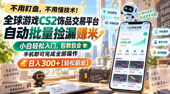 全球游戏CS2饰品交易平台自动批量捡漏賺米,小白轻松入门,包教包会,手机即可完成全部操作,日入300+【揭秘】-网赚项目平台