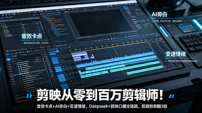剪映从零到百万剪辑师!音效卡点+AI旁白+变速情绪,Deepseek+剪映口播全链路,剪辑效率翻3倍-网赚项目平台