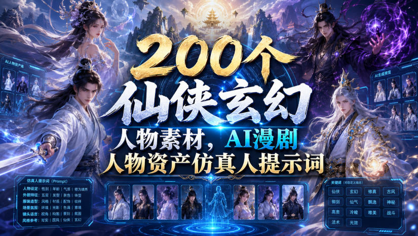 200个仙侠玄幻人物素材，AI漫剧人物资产仿真人提示词-网赚项目平台