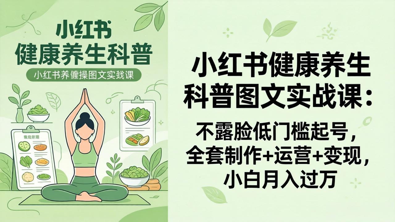 2026小红书健康养生科普图文实战课：不露脸低门槛起号，全套制作+运营+变现，小白月入过万-网赚项目平台