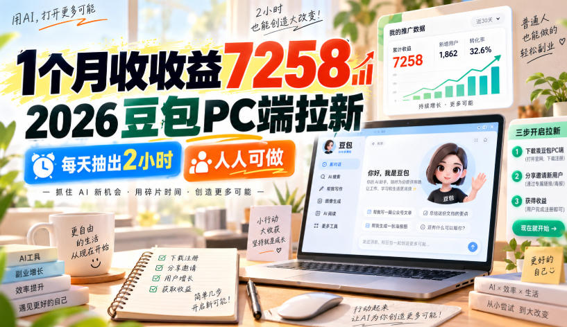 1个月收收益7258，2026豆包PC端拉新，每天抽出2小时，人人可做-网赚项目平台