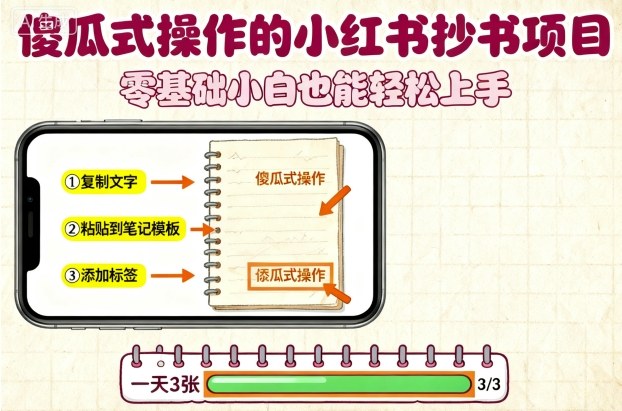 傻瓜式操作的小红书抄书项目，会复制粘贴就行，零基础小白也能一天3张-网赚项目平台