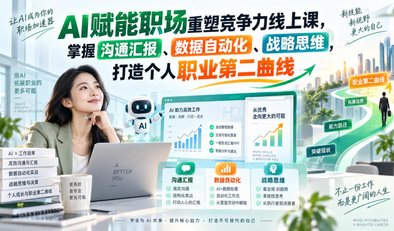 AI赋能职场重塑竞争力线上课，掌握沟通汇报、数据自动化、战略思维，打造个人职业第二曲线-网赚项目平台