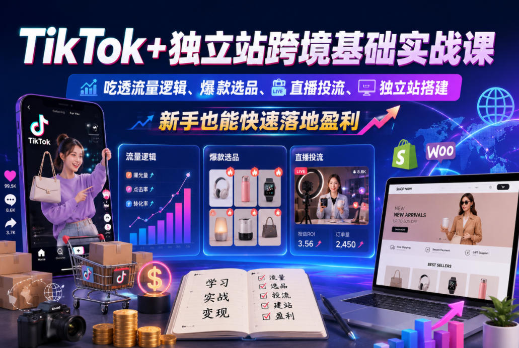 TikTok+独立站跨境基础实战课，吃透流量逻辑、爆款选品、直播投流与独立站搭建，新手也能快速落地盈利-网赚项目平台
