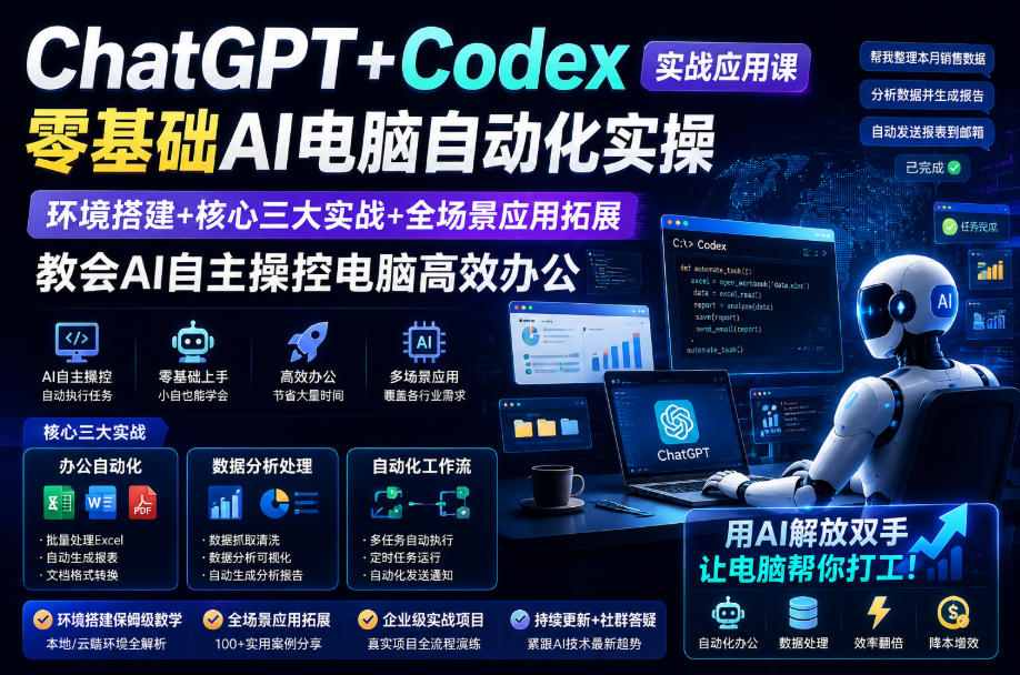 ChatGPT+Codex实战应用课｜零基础AI电脑自动化实操，环境搭建+核心三大实战+全场景应用拓展，教会AI自主操控电脑高效办公-网赚项目平台