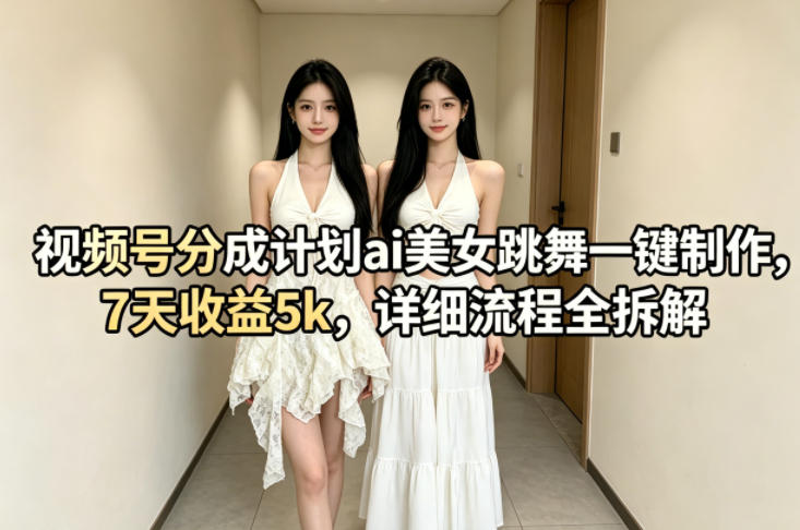 视频号分成计划ai美女跳舞一键制作，7天收益5k，详细流程全拆解-网赚项目平台