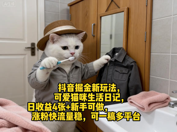 抖音掘金新玩法，可爱猫咪生活日记，日收益4张+新手可做，涨粉快流量稳，可一稿多平台-网赚项目平台