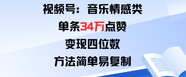 视频号分成计划新玩法：音乐情感类单条34W点赞，变现四位数，方法简单易复制-网赚项目平台