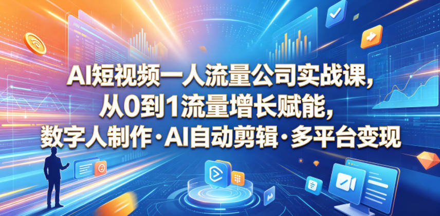 AI短视频一人流量公司实战课,从0到1流量增长赋能,数字人制作・AI自动剪辑・多平台变现,一人做流量生意全落地教程-网赚项目平台