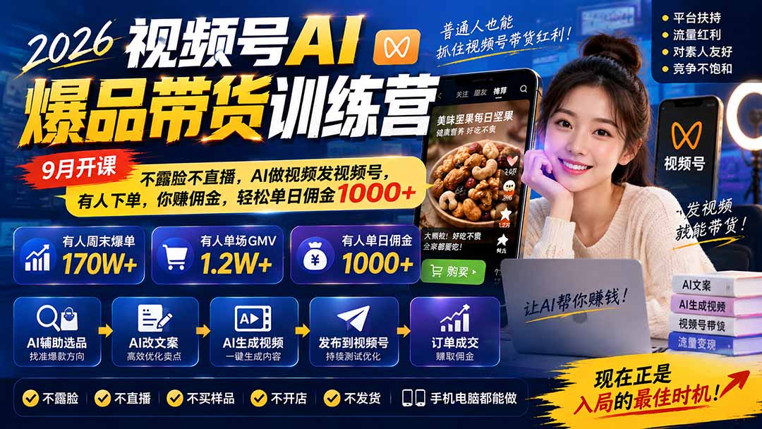 2026视频号AI爆品带货训练营-9月开课|不露脸不直播,AI做视频发视频号,有人下单,你赚佣金,轻松单日佣金1000+-网赚项目平台